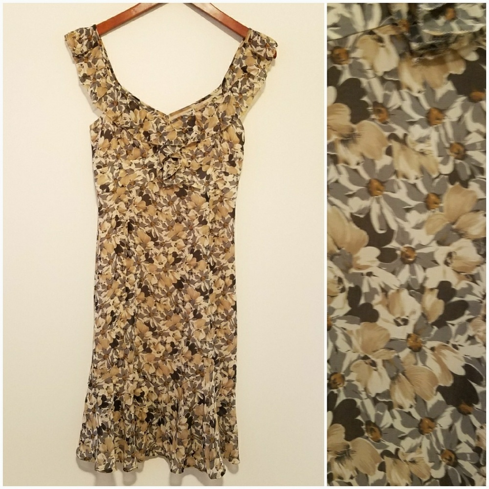 LOFT Floral Print Dress - Brown and Cream